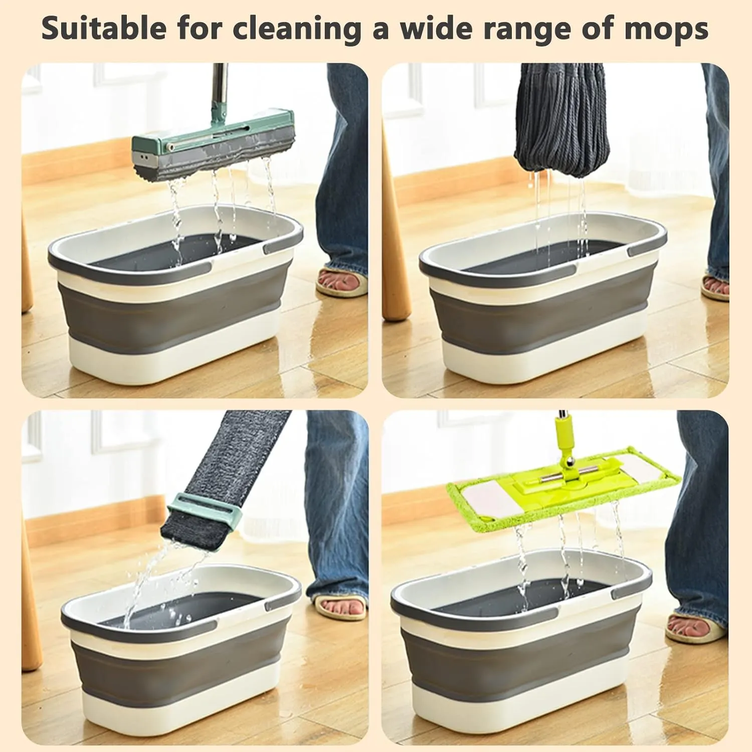 14L(3.7 Gallon) Collapsible Plastic Bucket with Wheels for House Cleaning, Multi-Purpose Rectangular Handy Basket for Cleaning Mop, Camping, RV (14L-Blue)
