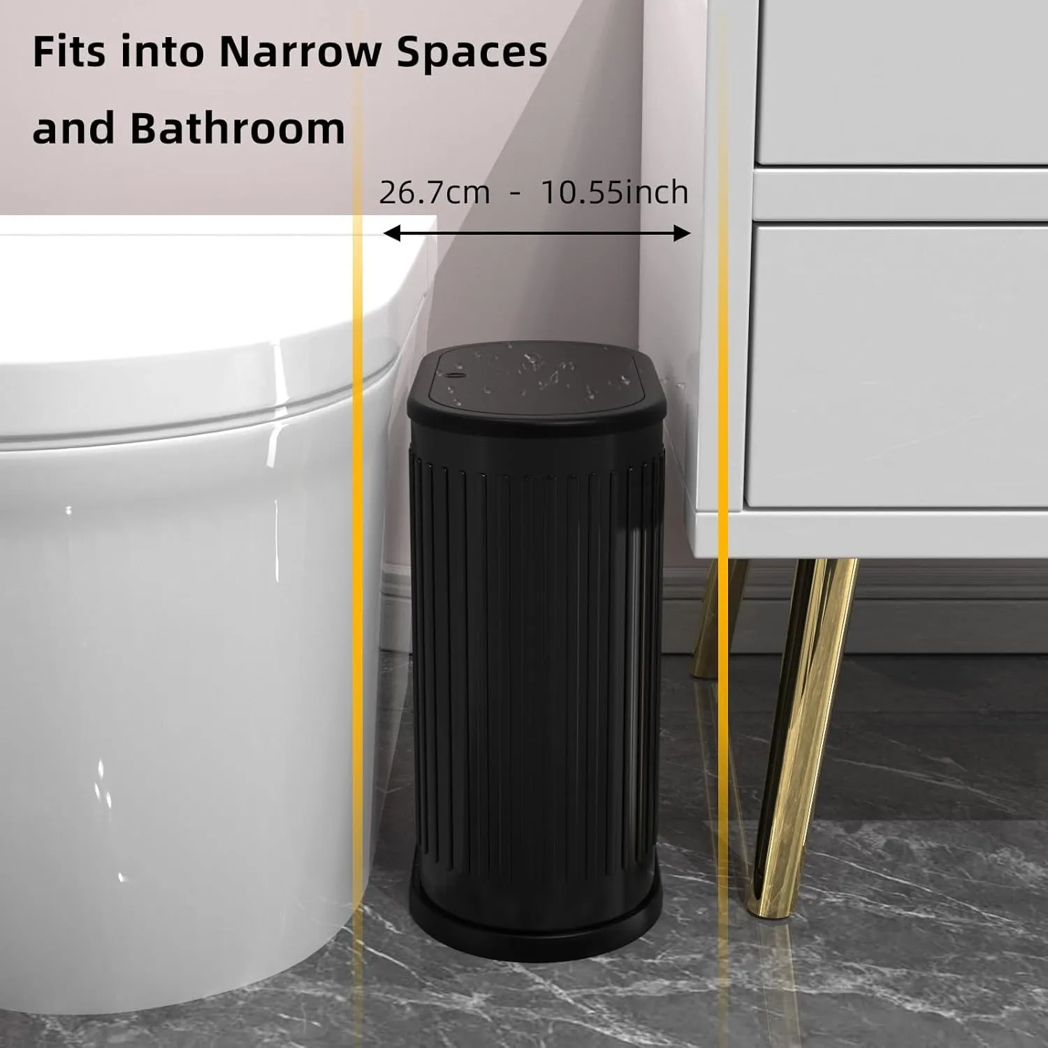 1.8 Gallons Small Stainless Steel Trash Can with Press Type Lid, Slim Bathroom Garbage Bin, Removable Liner Bucket, Dog Proof Narrow Wastebasket with Pop-Up Lid for Bedroom,Toilet (Matt Black)