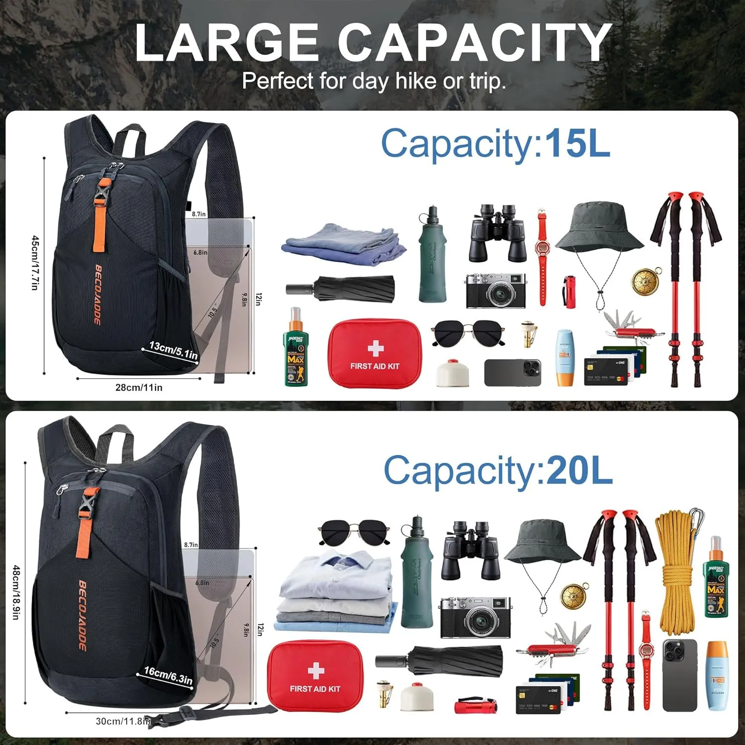 20L Small Hiking Backpack for Men Women Foldable Packable Back Pack Ultralight Hiking Daypack for Travel Camping Outdoor, Black