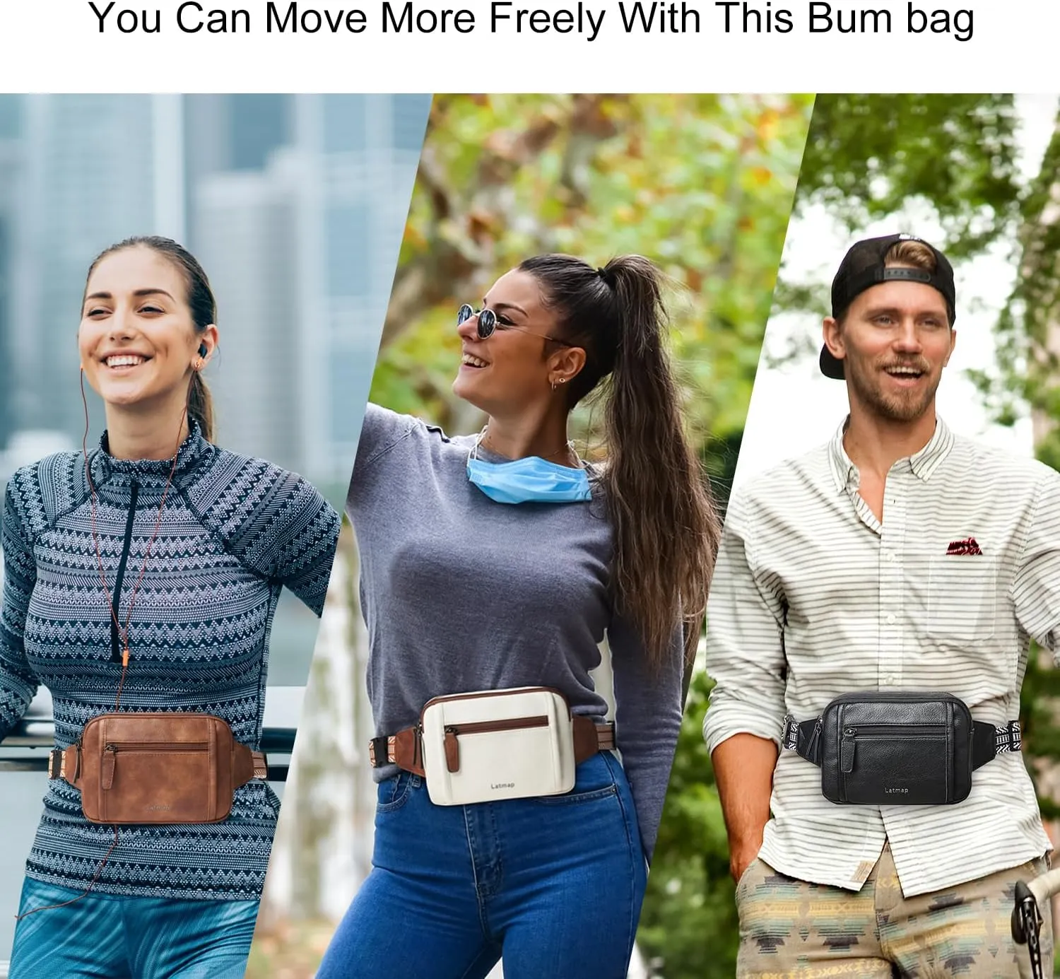 3L TRIPLE ZIP Fanny Packs Belt Bag For Women Men Crossbody Waist Pack Sling Chest Bum Travel Bag Purse Faux Leather Fashion Cute Dark Grey