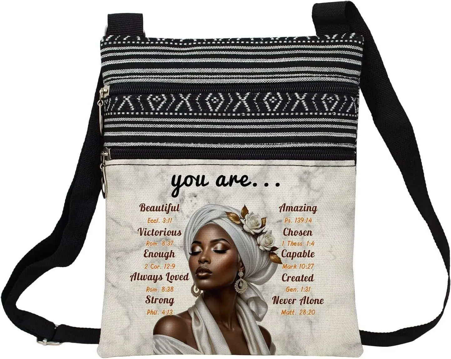 African American Messenger Bag Small Ethnic Pattern Adjustable Strap Crossbody Zipper Pouch Marble Inspiring Phone Organizer Wallet Bible Quote Shoulder Handbag for Black Women