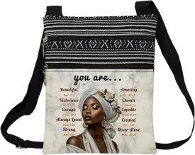 African American Messenger Bag Small Ethnic Pattern Adjustable Strap Crossbody Zipper Pouch Marble Inspiring Phone Organizer Wallet Bible Quote Shoulder Handbag for Black Women