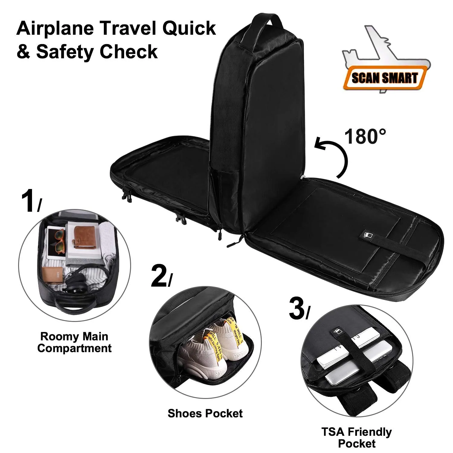 AMBOR 17.3inch Travel Laptop Backpack, 40L Flight Approved Carry-On Backpack for Men and Women,TSA Friendly Travel Backpack Business Anti-Theft Large Daypack Weekender Bag-Black