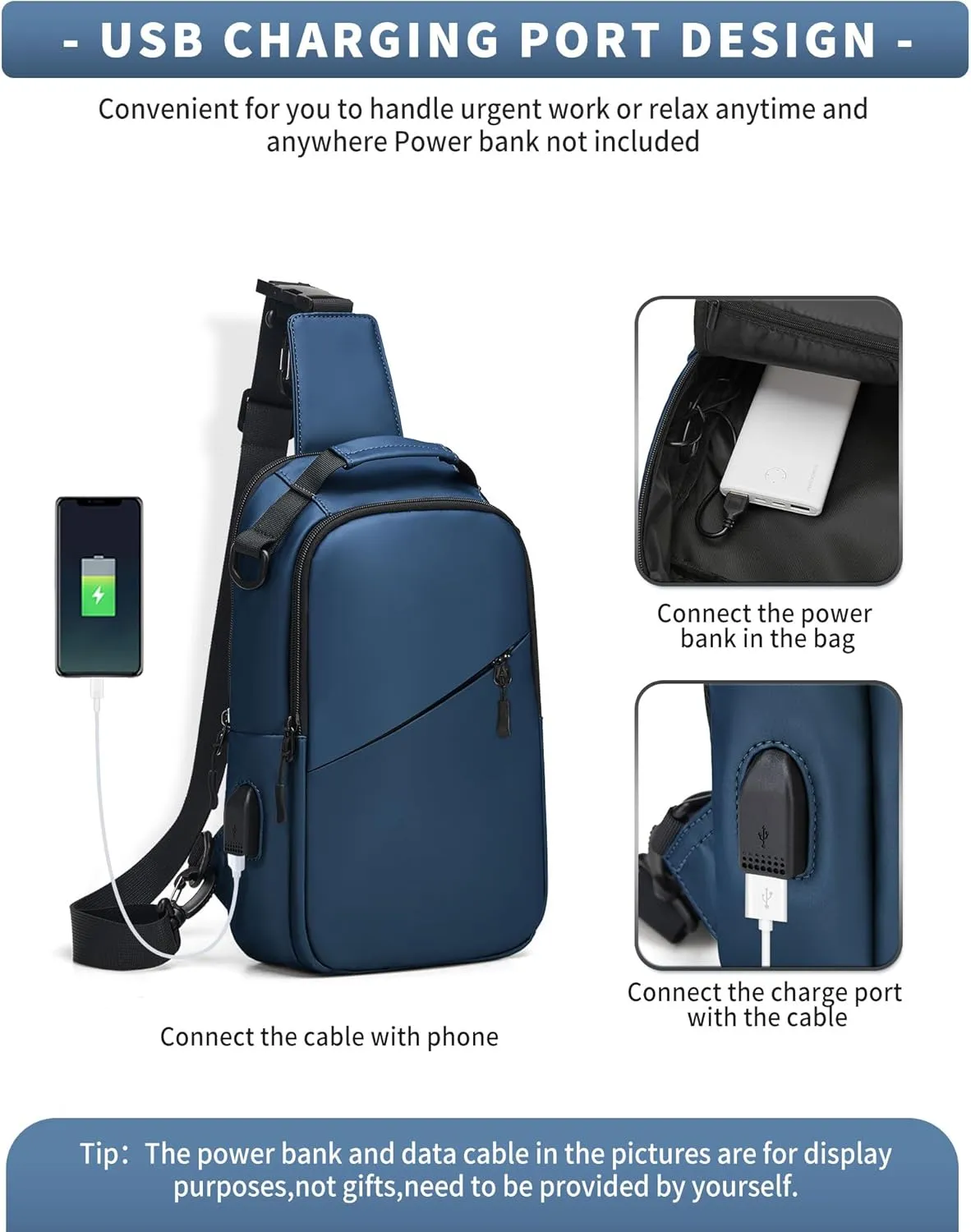 Blue Sling Crossbody Bag for Mens, Tactical Backpack Shoulder Daypack Mini Anti-Theft Cross Body Motorcycle Chest Bags, Small Men One Strap Backpack for Casual Travel Hiking Outdoor Sports