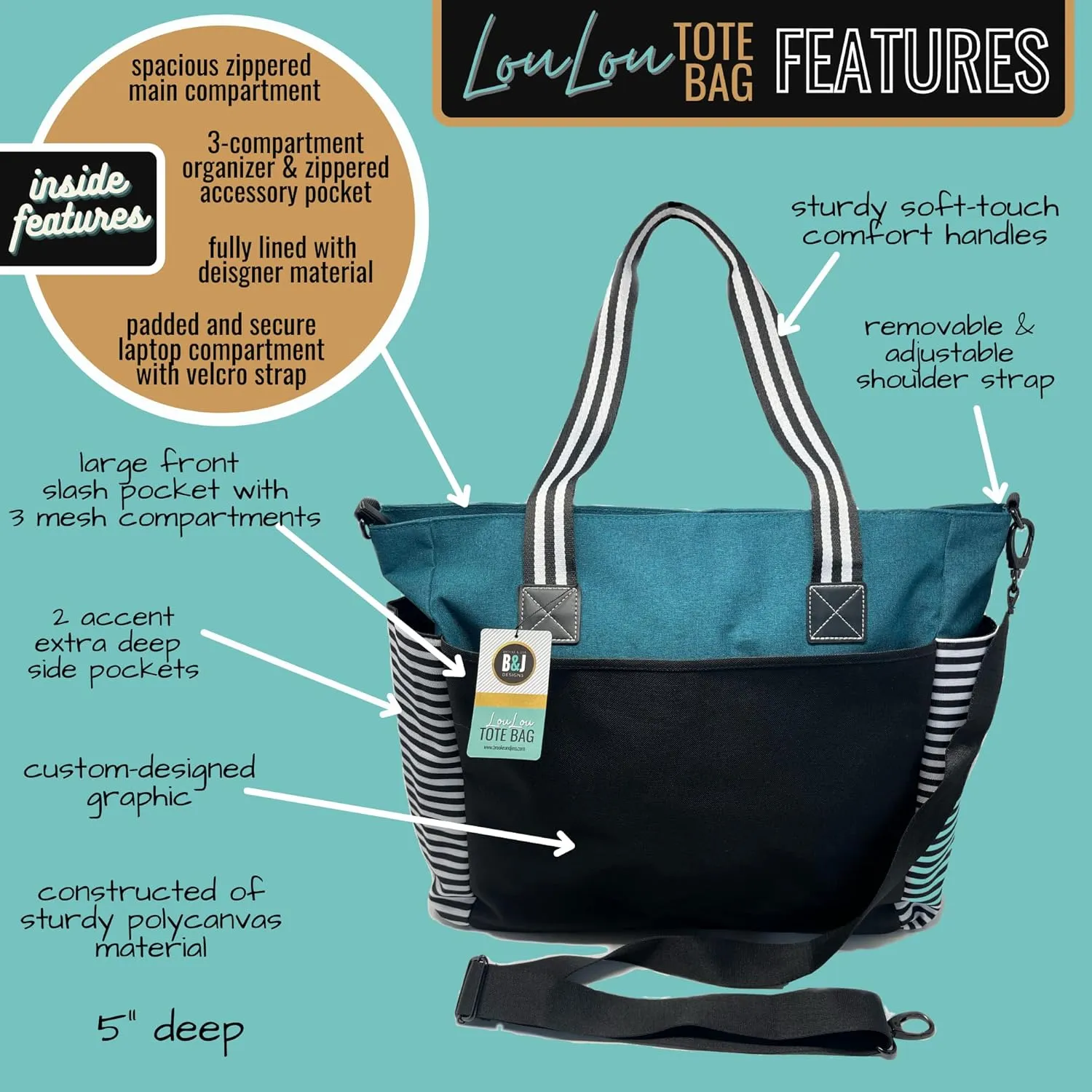 Brooke & Jess Designs Large Work Tote Bags with Pockets for Women - Travel Carry-on Laptop Bag