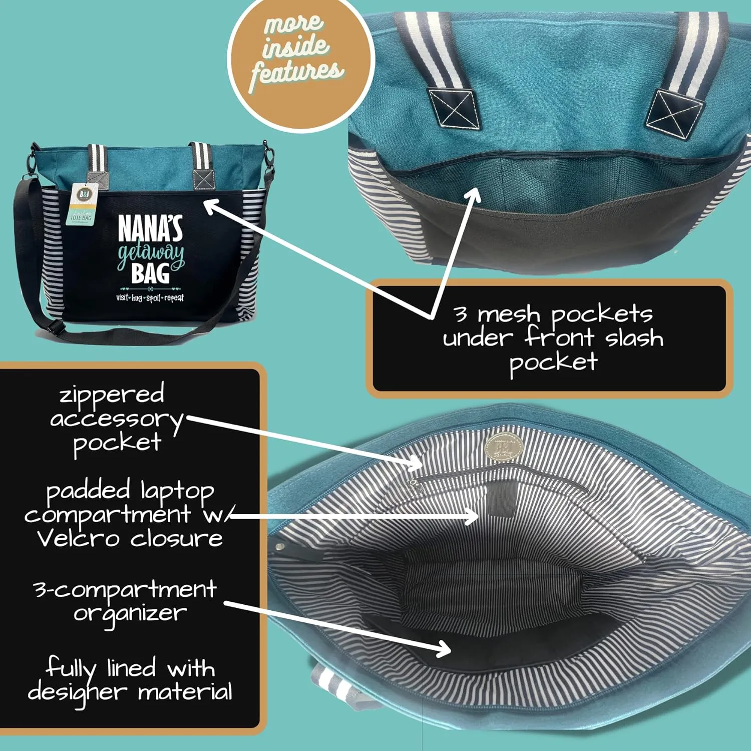 Brooke & Jess Designs Large Work Tote Bags with Pockets for Women - Travel Carry-on Laptop Bag