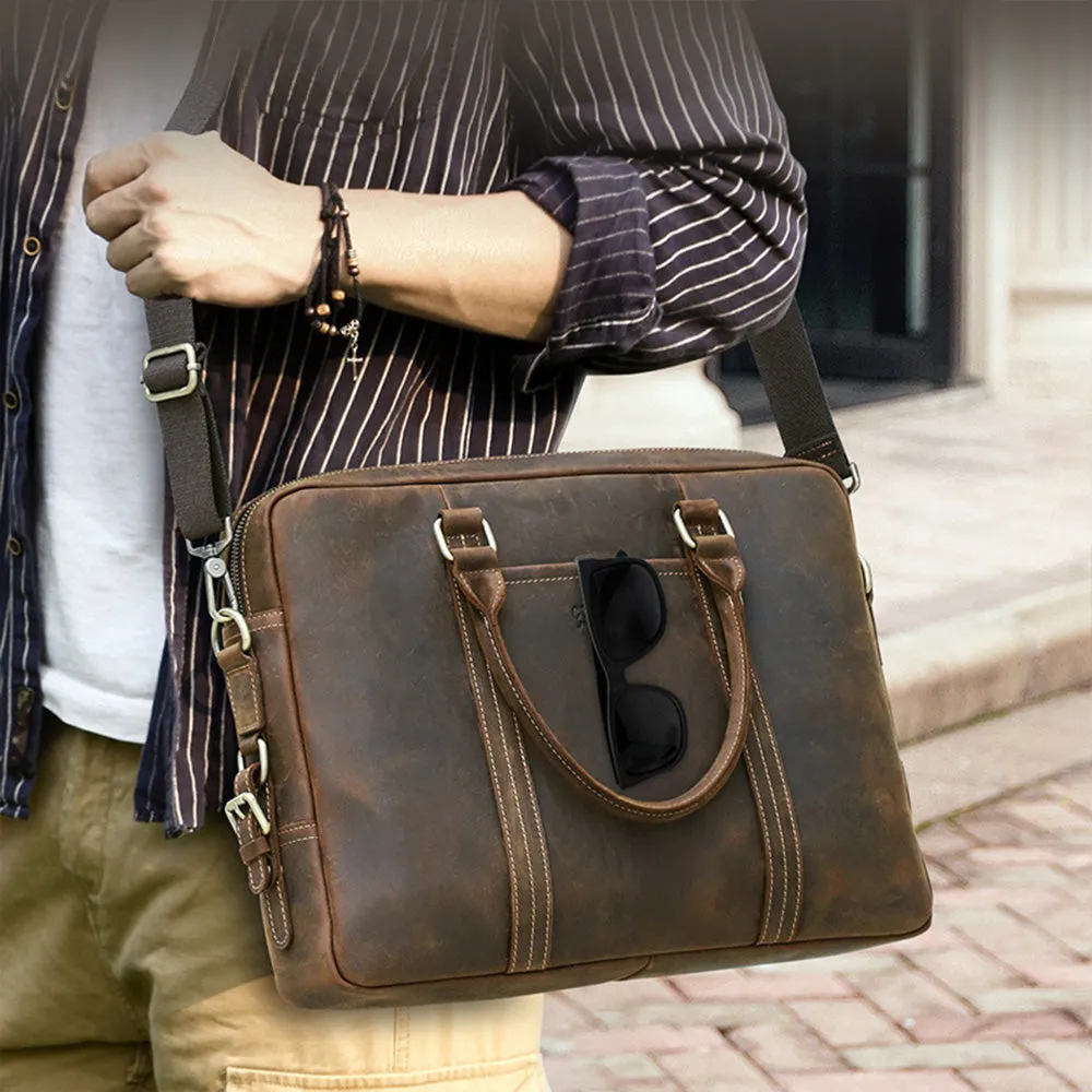 Brown Leather Briefcase Mens 14 inch Leather Laptop Bag Computer School Distressed Bag