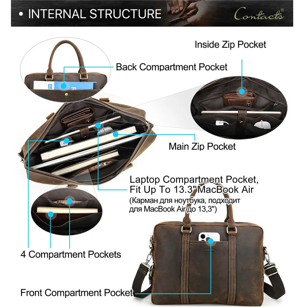 Brown Leather Briefcase Mens 14 inch Leather Laptop Bag Computer School Distressed Bag