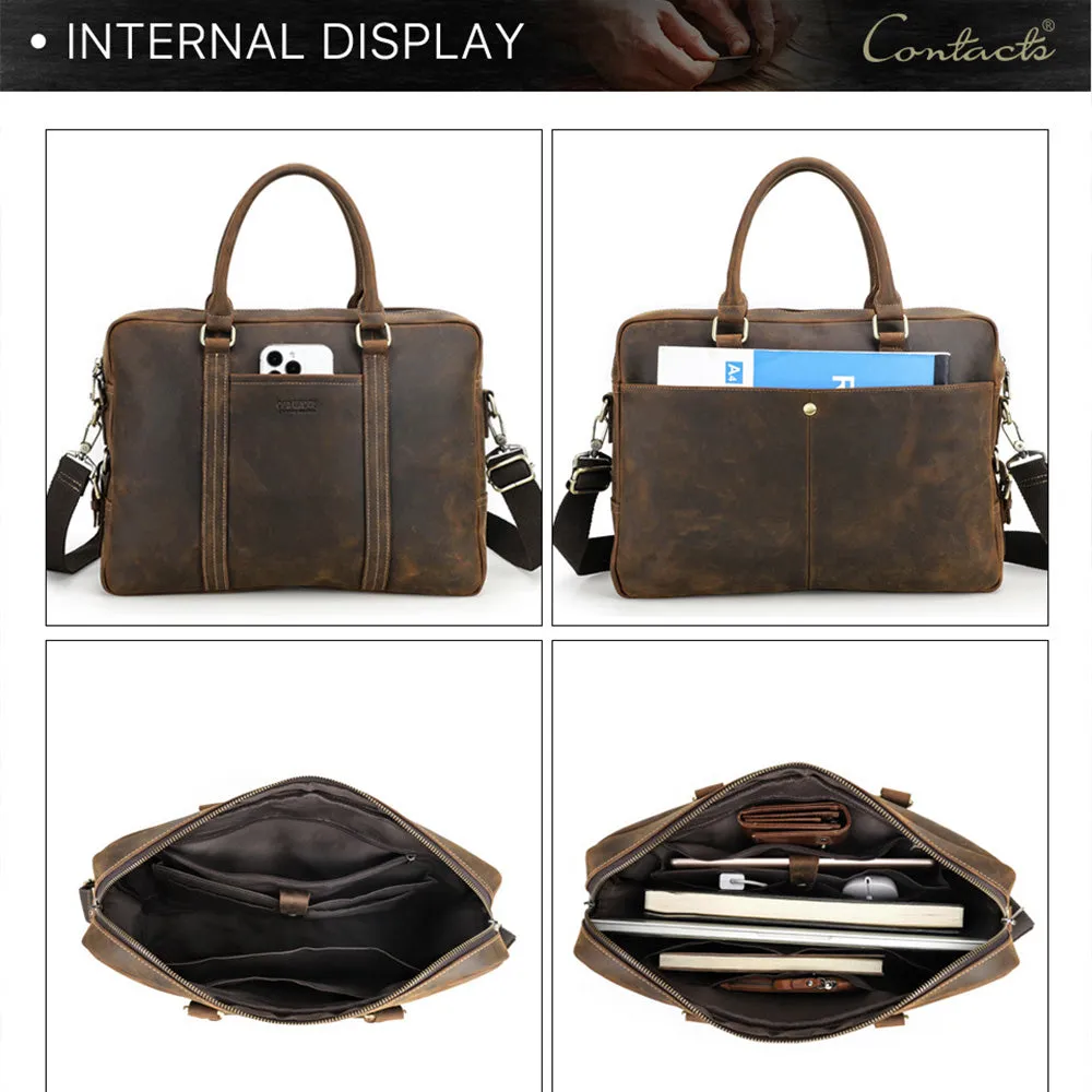 Brown Leather Briefcase Mens 14 inch Leather Laptop Bag Computer School Distressed Bag