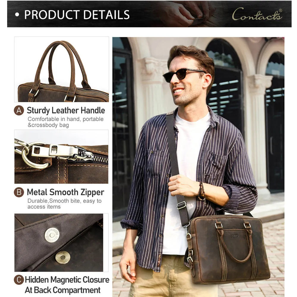Brown Leather Briefcase Mens 14 inch Leather Laptop Bag Computer School Distressed Bag