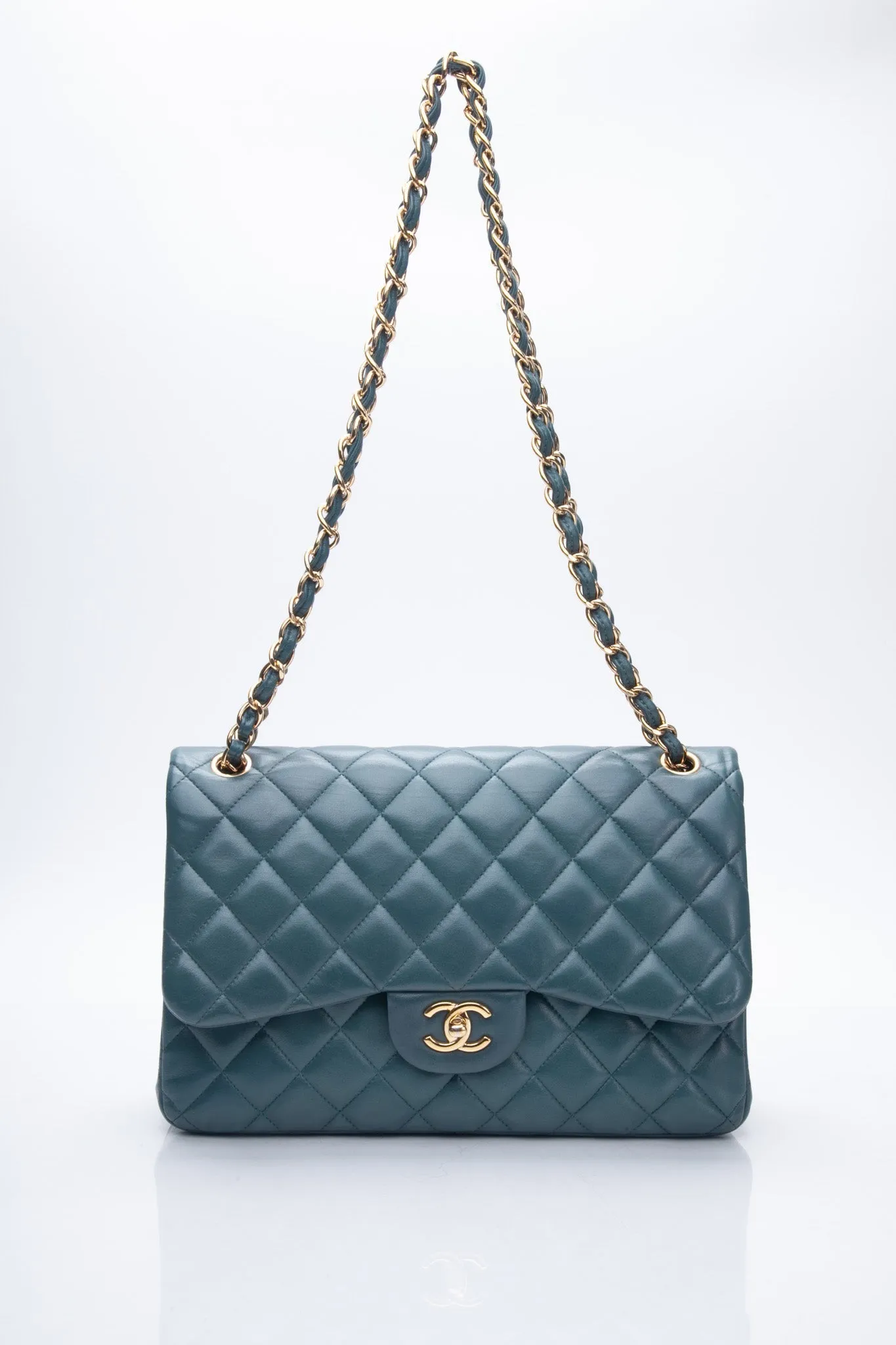 CHANEL Teal Lambskin Quilted Jumbo Double Flap Bag