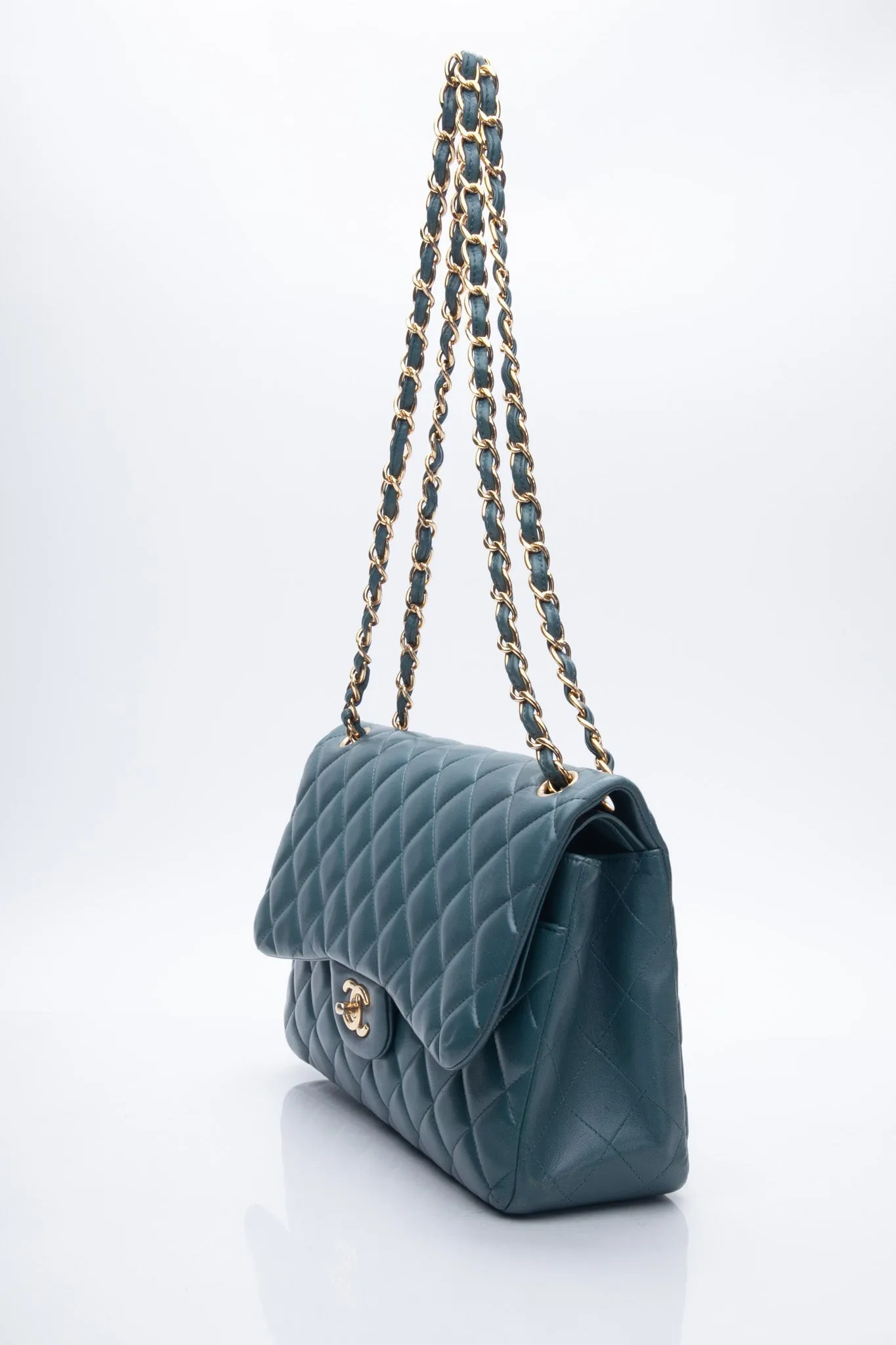 CHANEL Teal Lambskin Quilted Jumbo Double Flap Bag