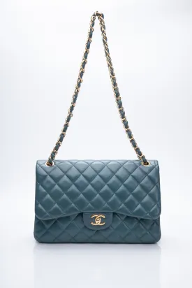 CHANEL Teal Lambskin Quilted Jumbo Double Flap Bag