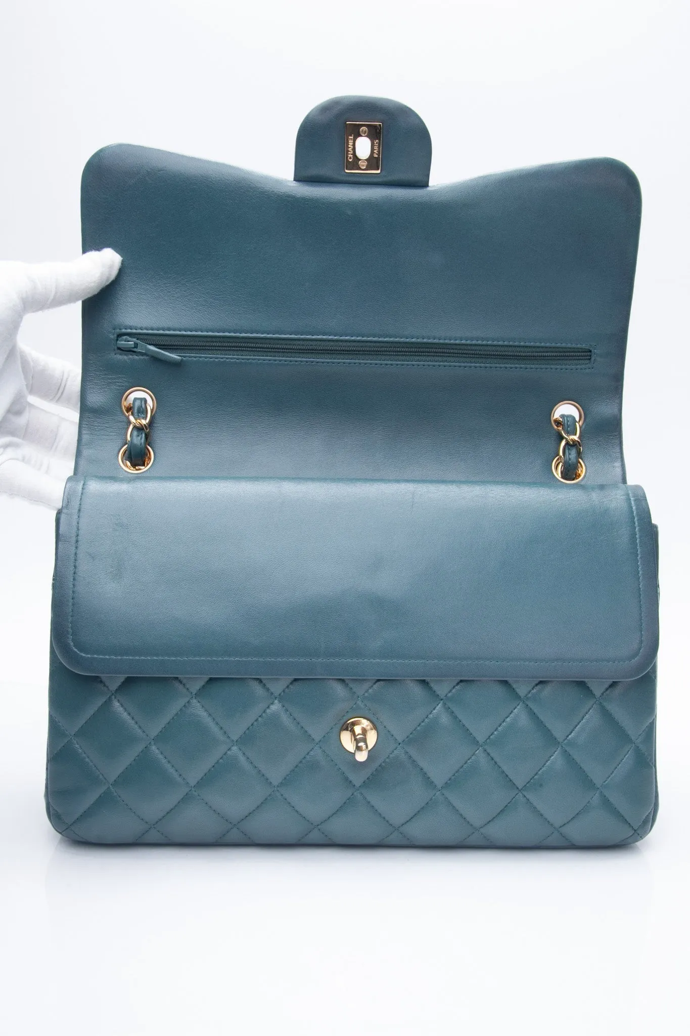 CHANEL Teal Lambskin Quilted Jumbo Double Flap Bag