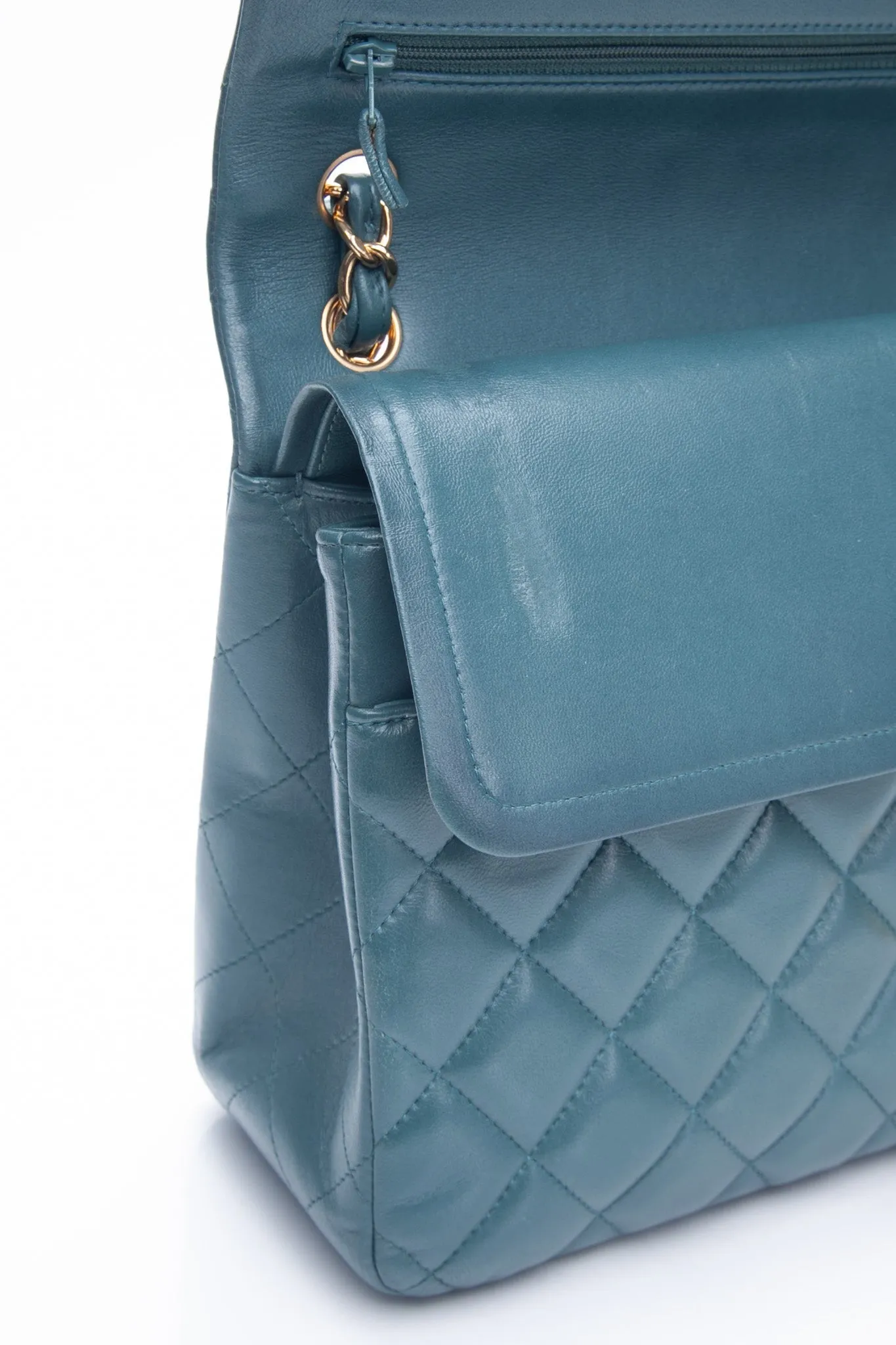 CHANEL Teal Lambskin Quilted Jumbo Double Flap Bag