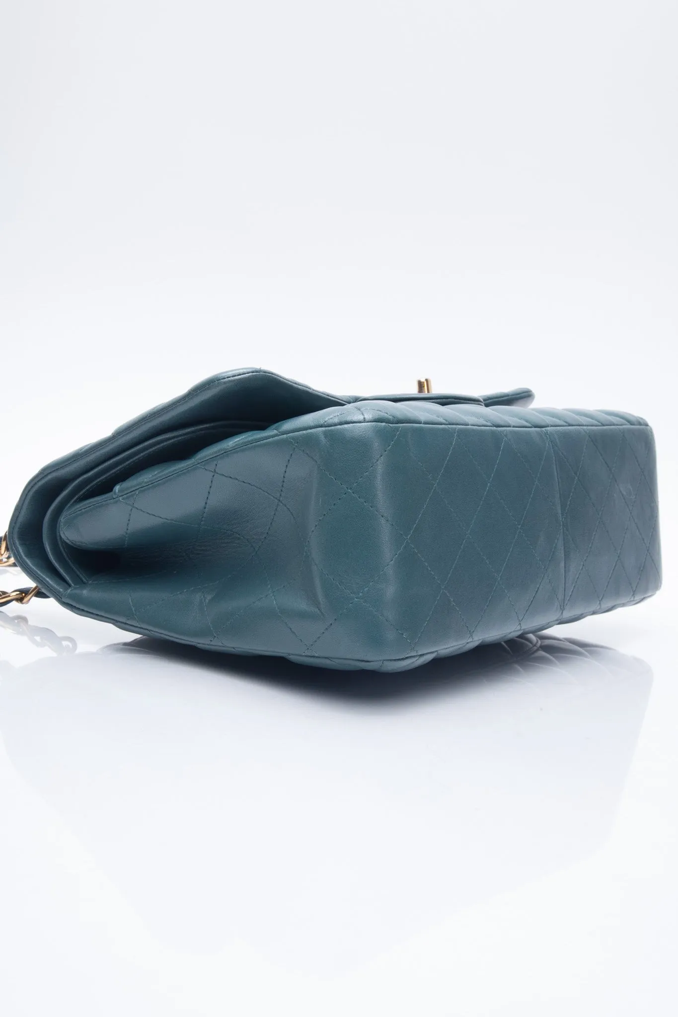 CHANEL Teal Lambskin Quilted Jumbo Double Flap Bag