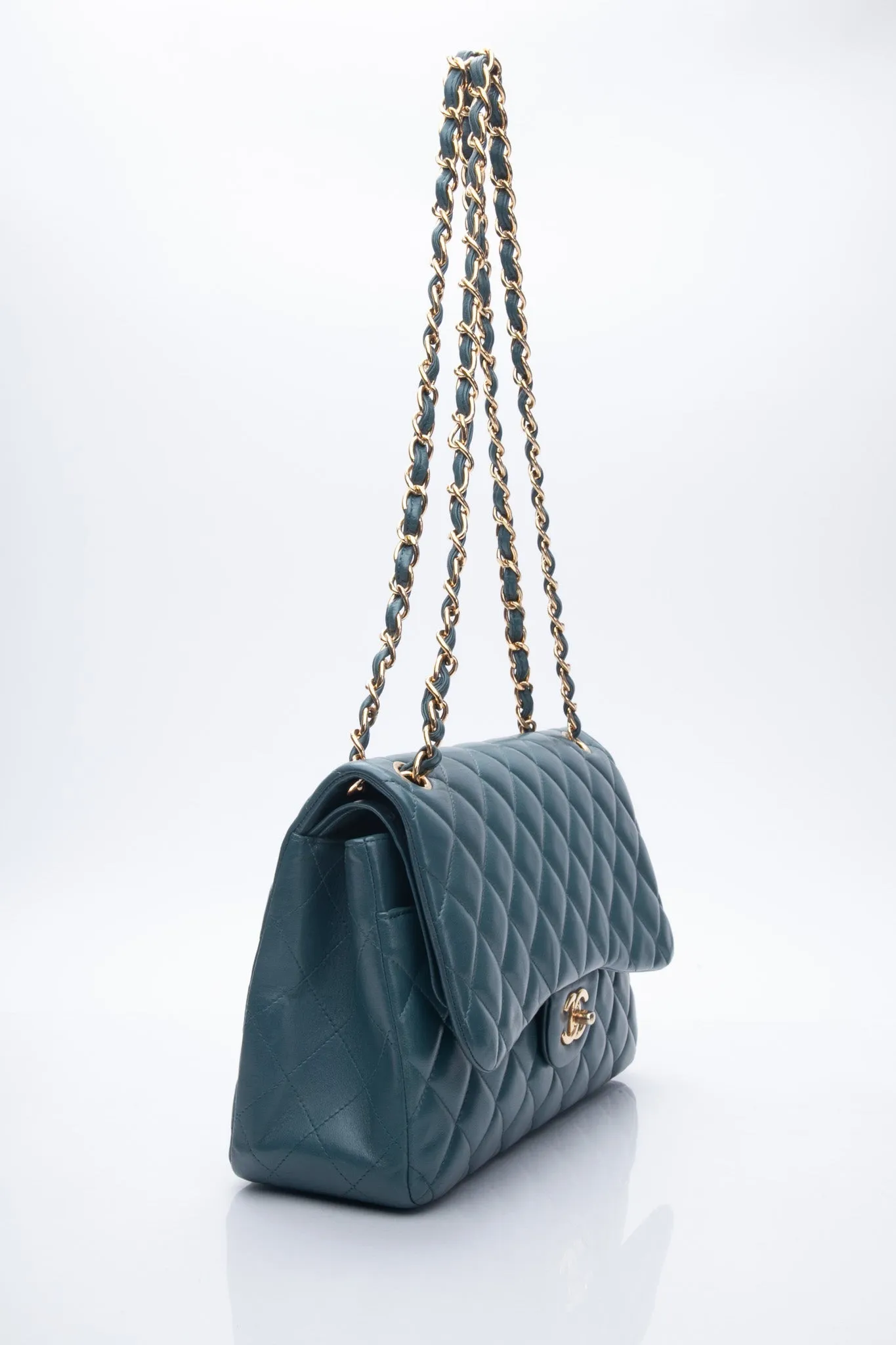 CHANEL Teal Lambskin Quilted Jumbo Double Flap Bag