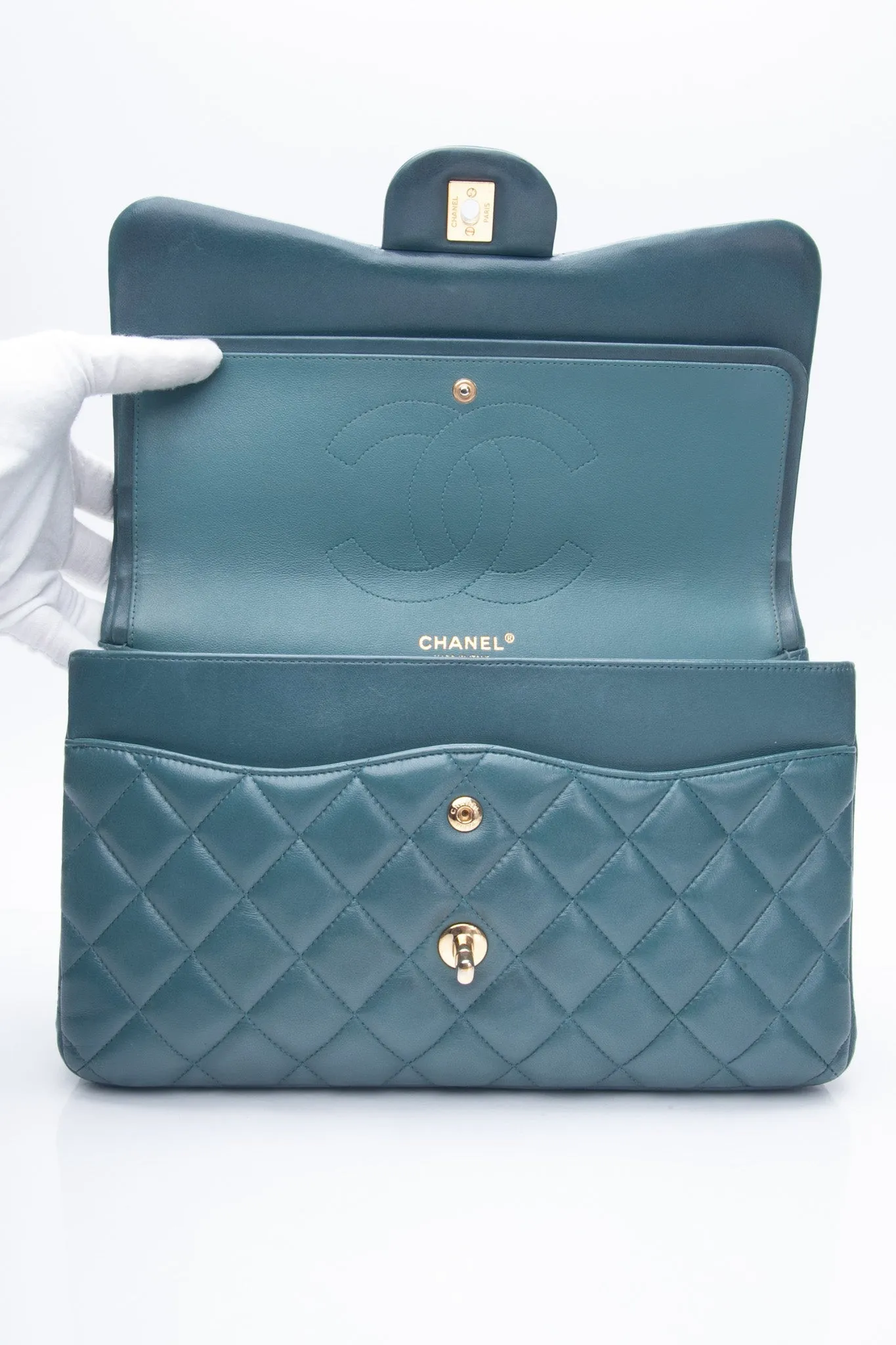 CHANEL Teal Lambskin Quilted Jumbo Double Flap Bag