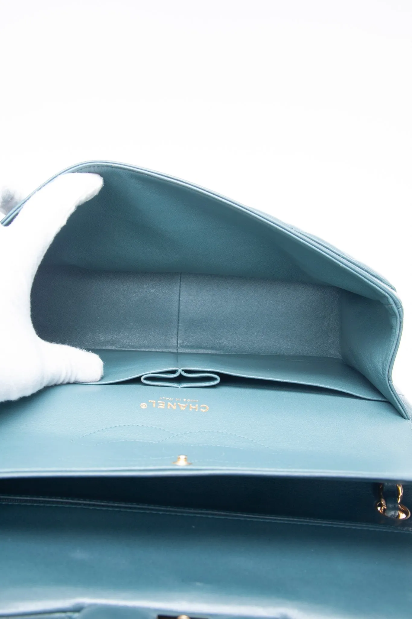 CHANEL Teal Lambskin Quilted Jumbo Double Flap Bag