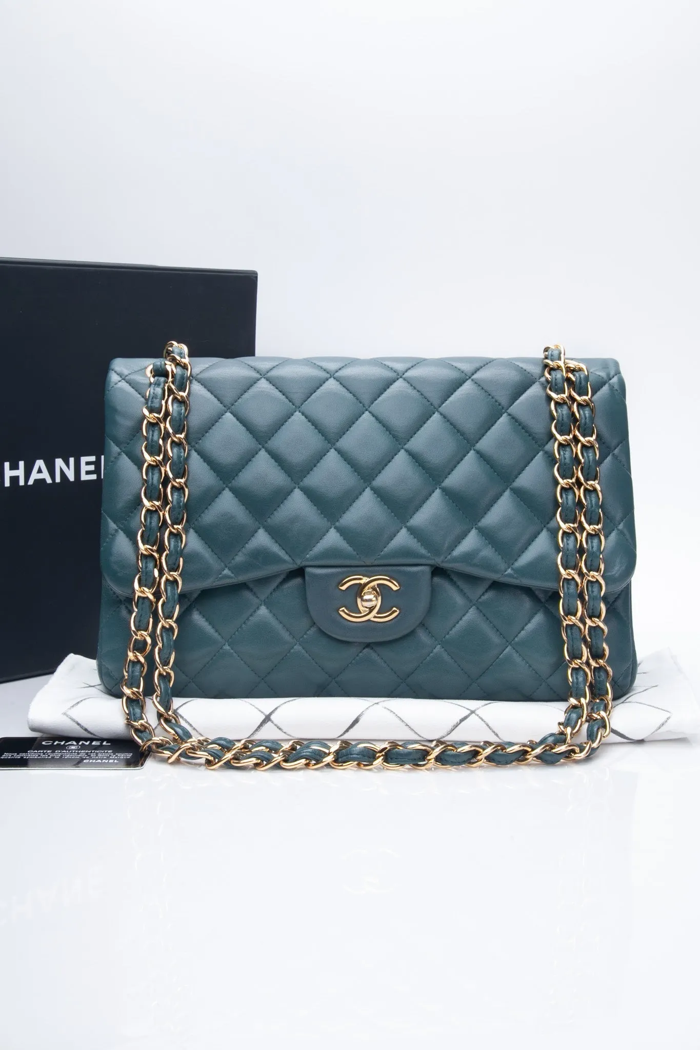 CHANEL Teal Lambskin Quilted Jumbo Double Flap Bag