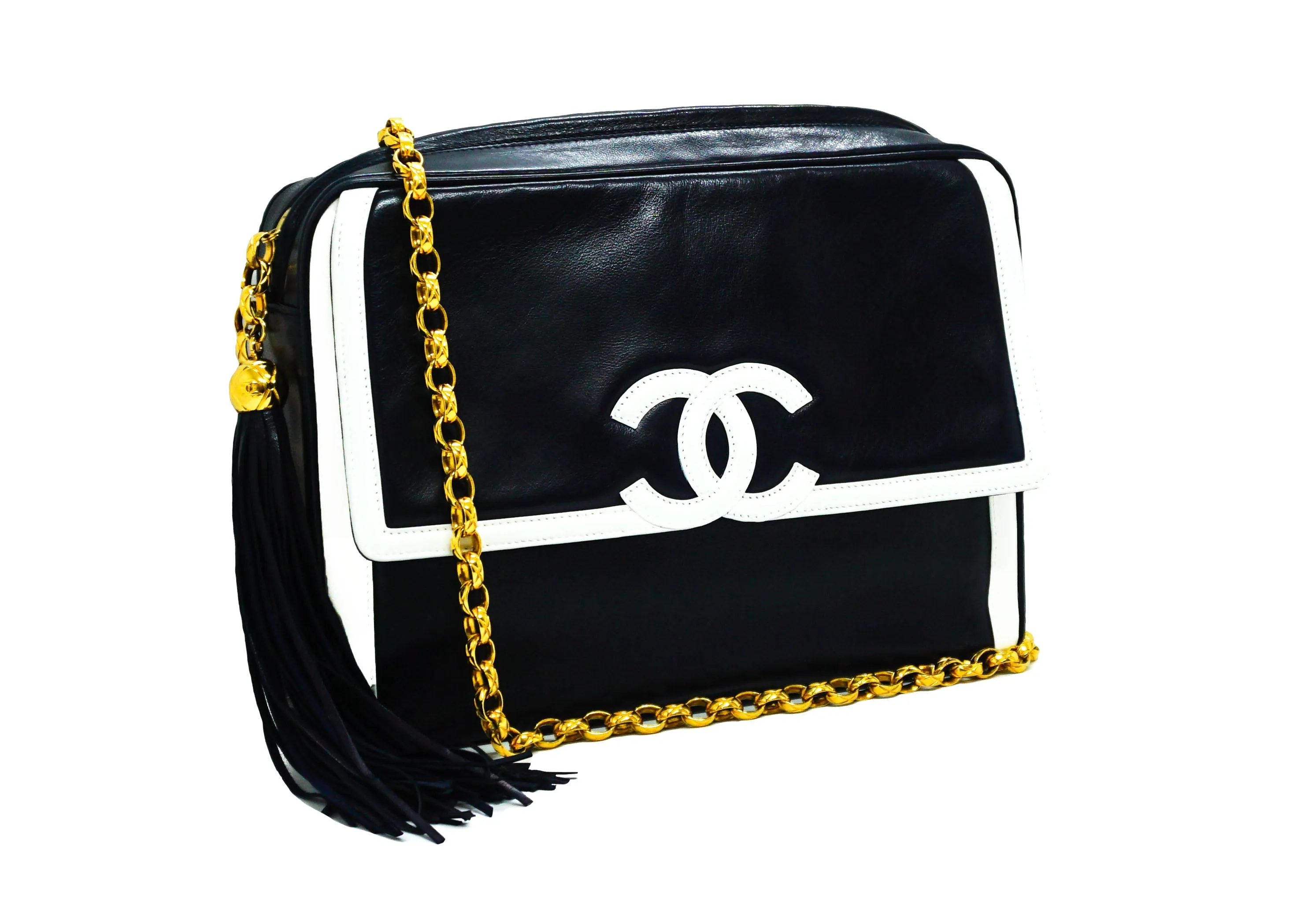 Chanel Vintage Rare Navy & White Lambskin Medium Camera Bag
