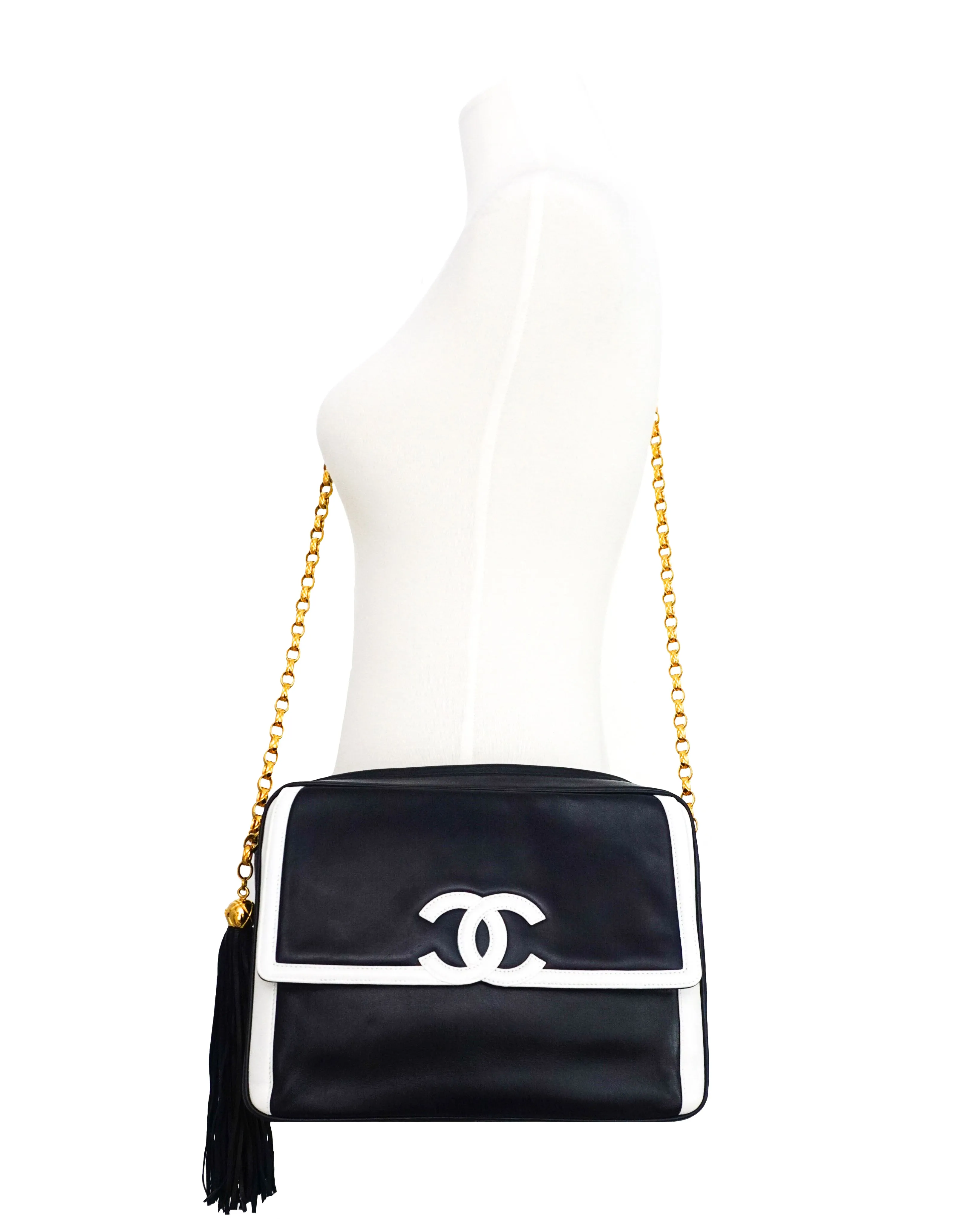 Chanel Vintage Rare Navy & White Lambskin Medium Camera Bag