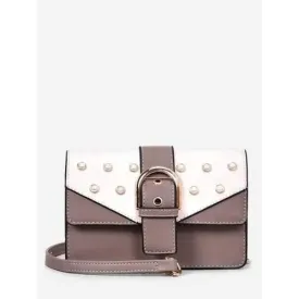 Color Block Faux Pearls Decorated Crossbody Bag - White