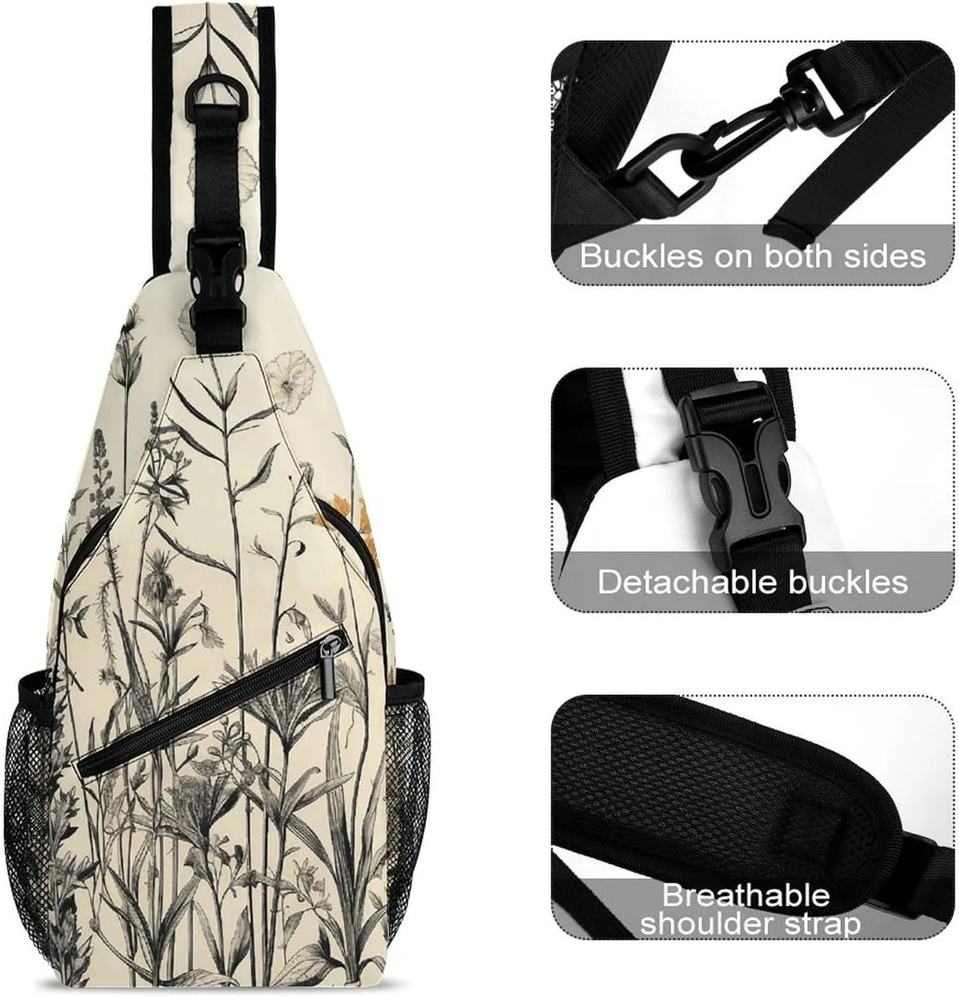 Crossbody Bag for Women Men Chest Bag Floral Swan Sling Bag Crossbody Shoulder Bag Sling Backpack