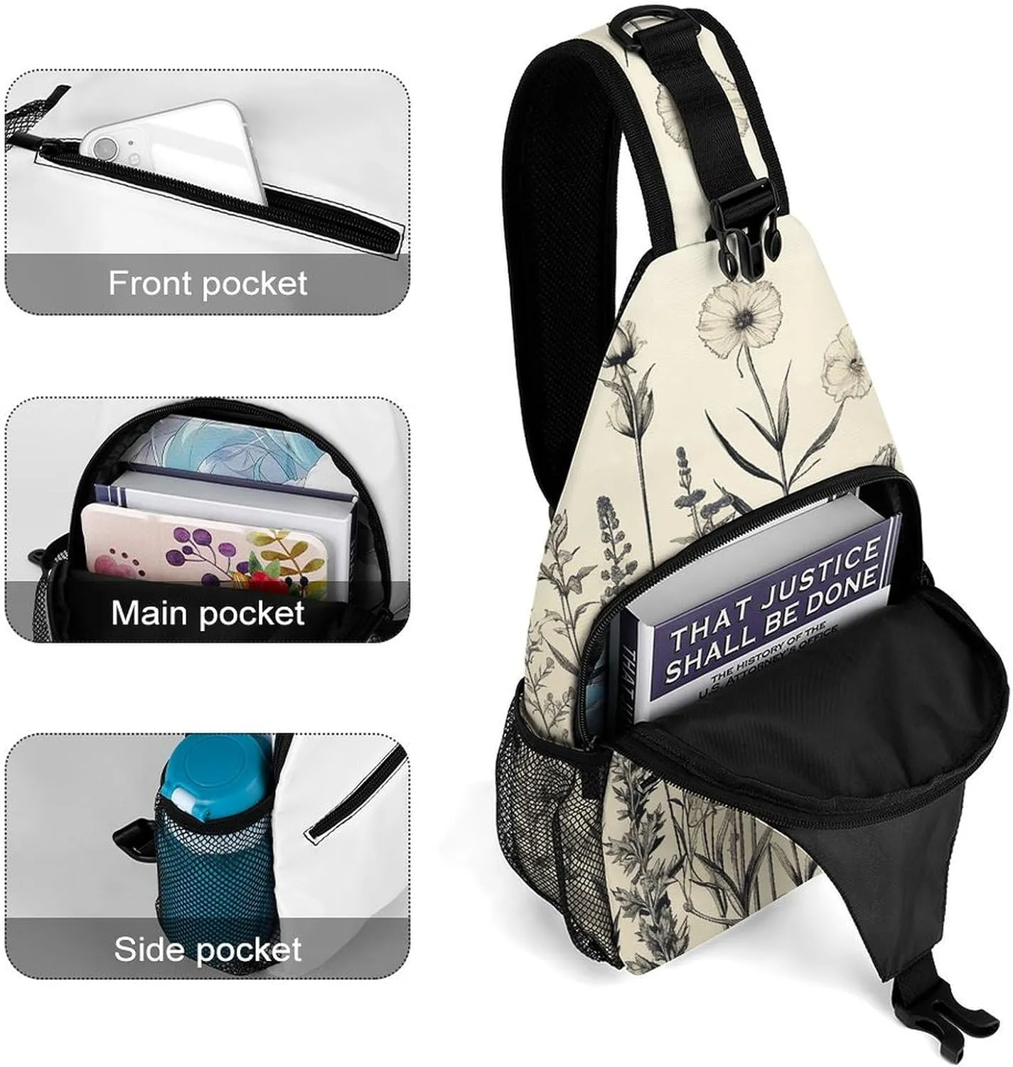 Crossbody Bag for Women Men Chest Bag Floral Swan Sling Bag Crossbody Shoulder Bag Sling Backpack