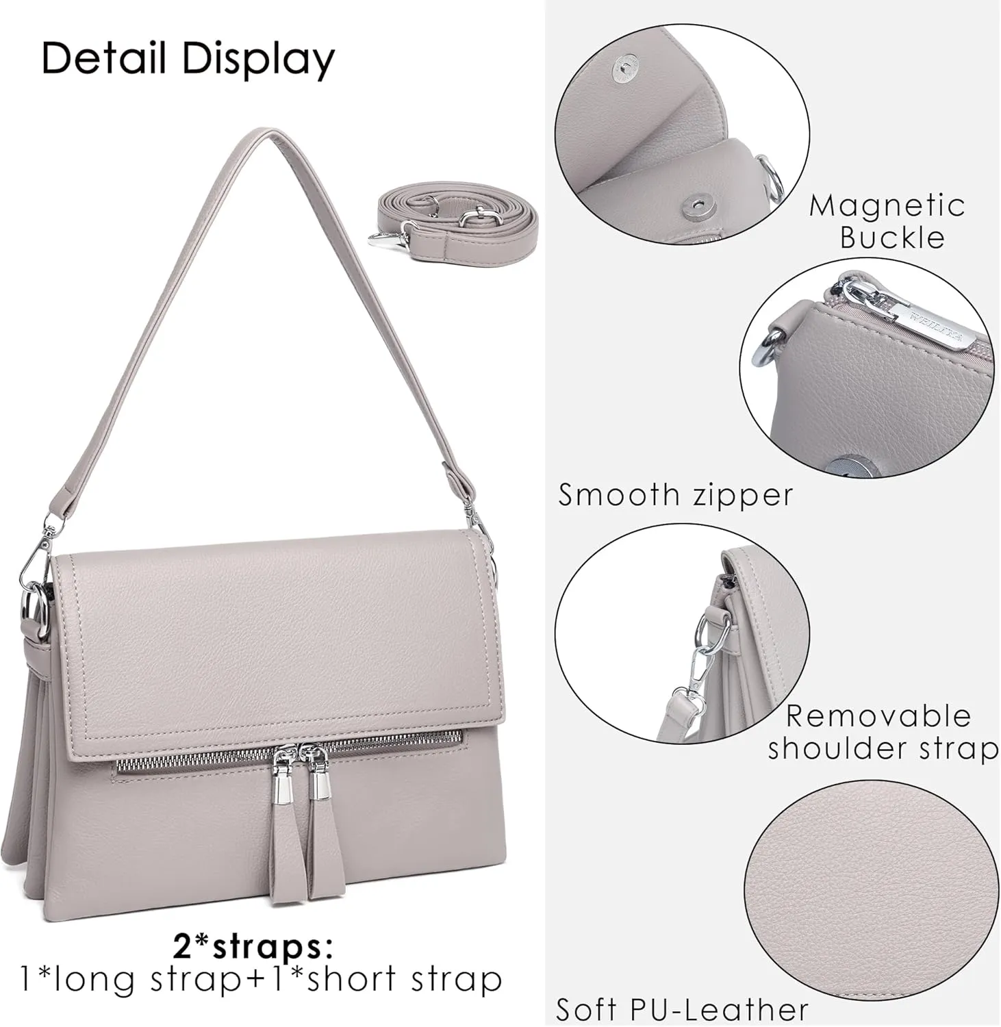 Crossbody Bags for Women - PU Leather Tote Shoulder Camera Clutch with Adjustable Strap (Gray)
