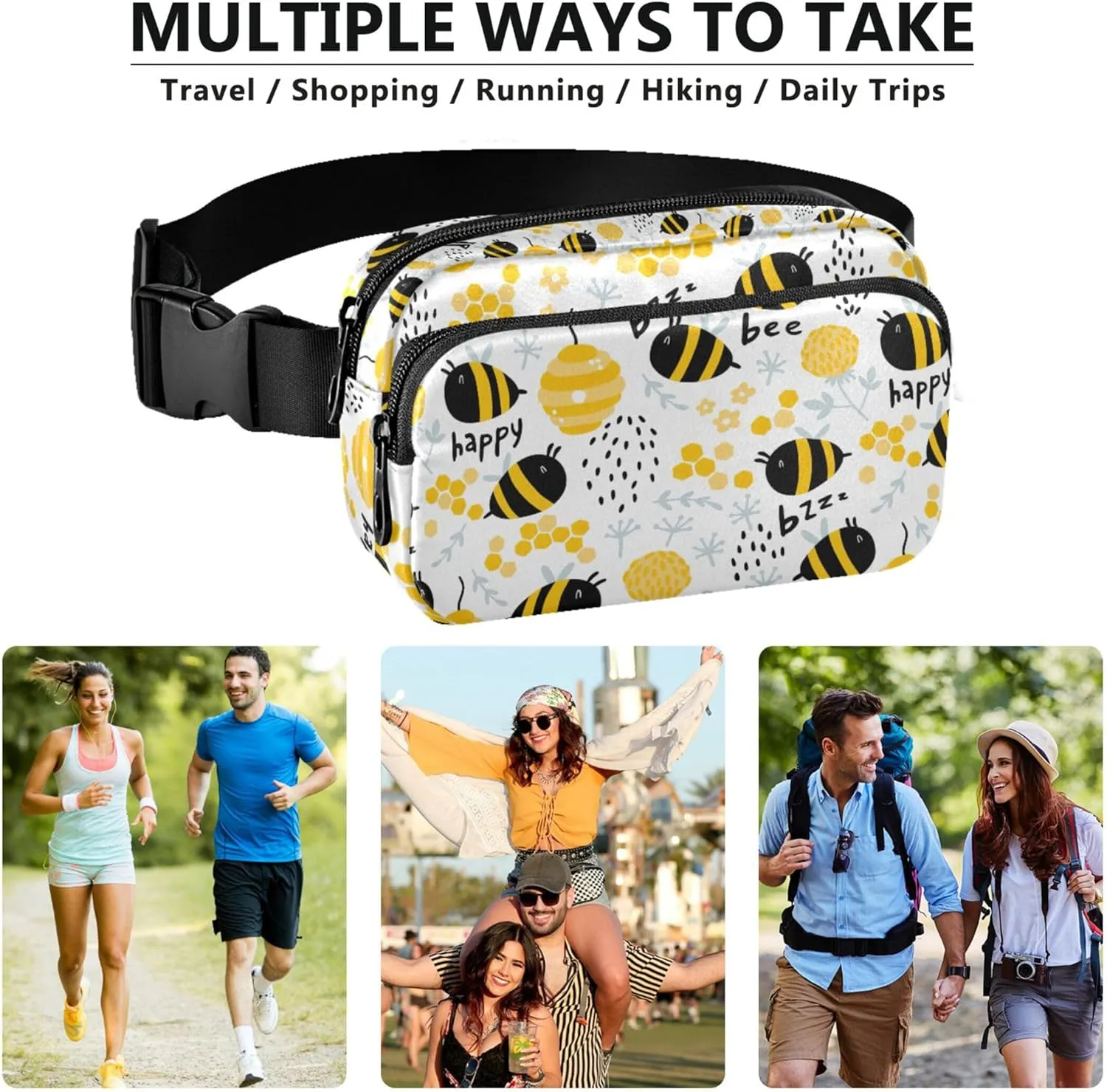 Customized Bees Flowers Beehive Fanny Packs for Women Waterproof Everywhere Belt Bag Cute Cross Body Waist Purse
