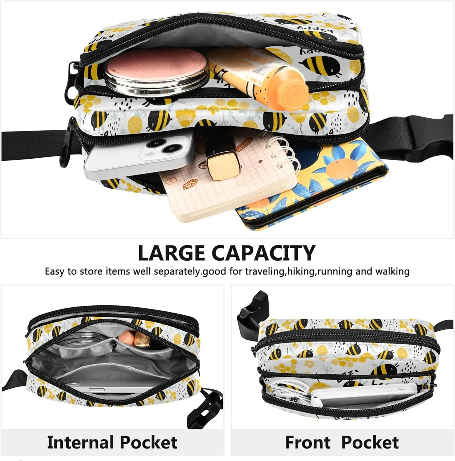 Customized Bees Flowers Beehive Fanny Packs for Women Waterproof Everywhere Belt Bag Cute Cross Body Waist Purse