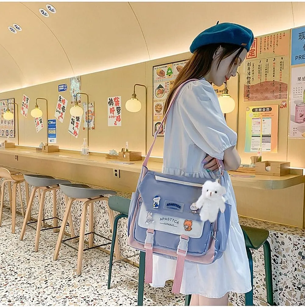 Cute Messenger Bag for Teen Girls Women, Kawaii Crossbody Shoulder Purse with Pins and Stuffed Pendant Gift