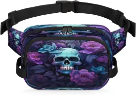 Fanny Pack Purse Sugar Skull Crossbody Bag for Women Men, Purple Flower Waterproof Fanny Pack Belt Bag with Adjustable Strap for Travel Running Cycling