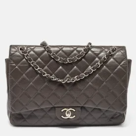 Grey Quilted Caviar Leather Maxi Classic Double Flap Bag