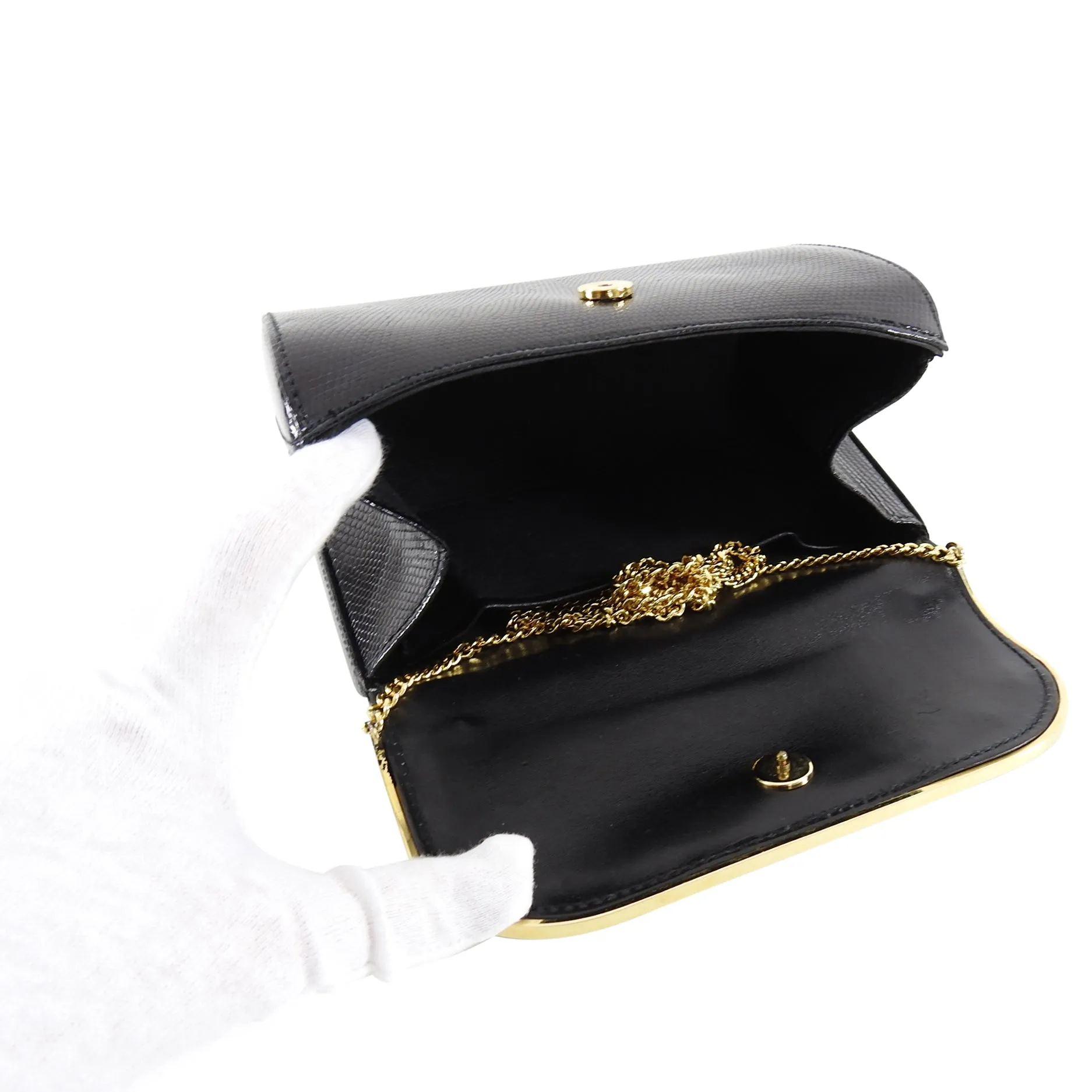 Gucci Vintage 1980’s Black Lizard Chain Strap Evening Bag
