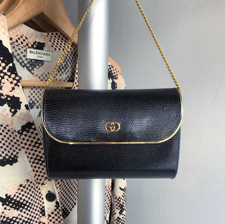 Gucci Vintage 1980’s Black Lizard Chain Strap Evening Bag