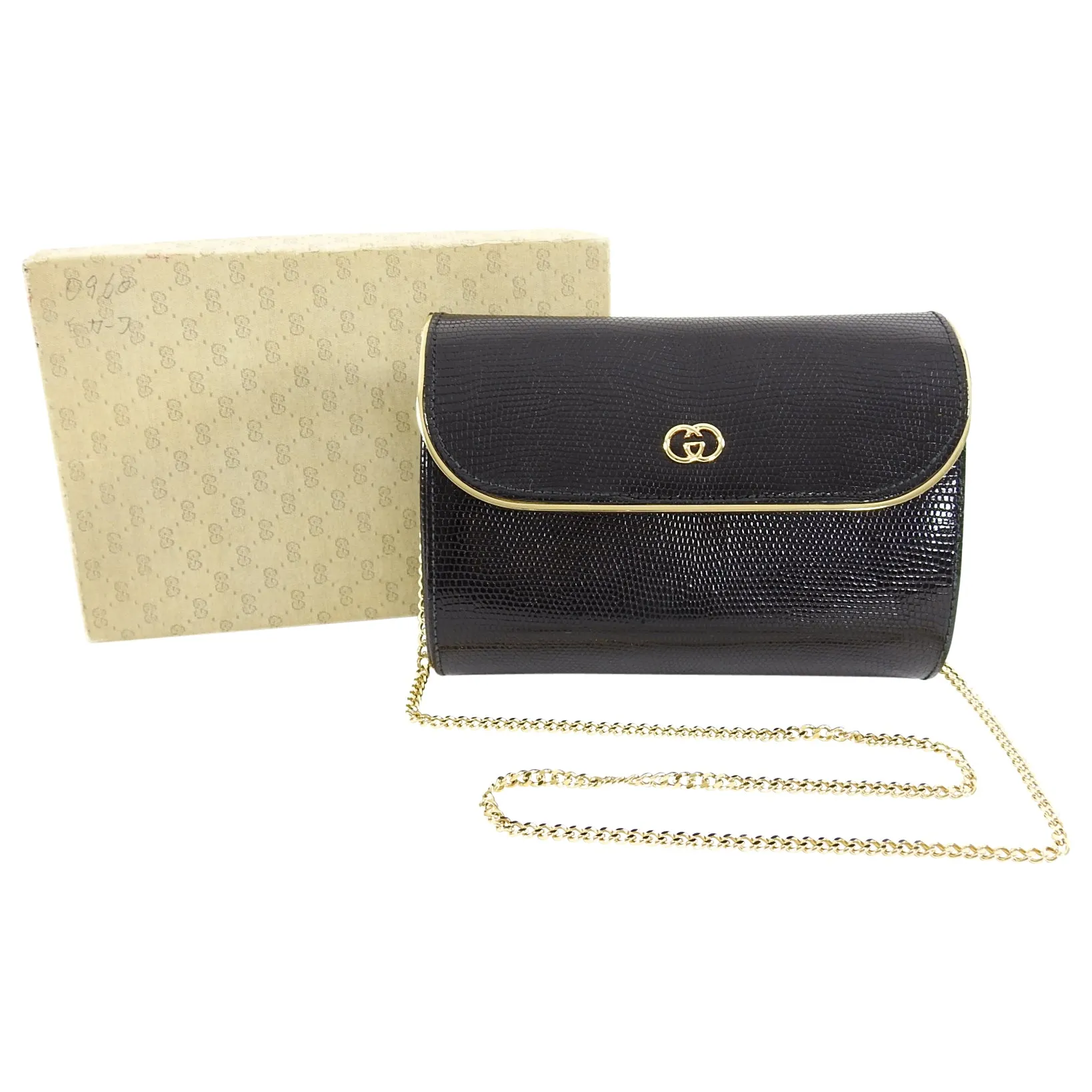 Gucci Vintage 1980’s Black Lizard Chain Strap Evening Bag