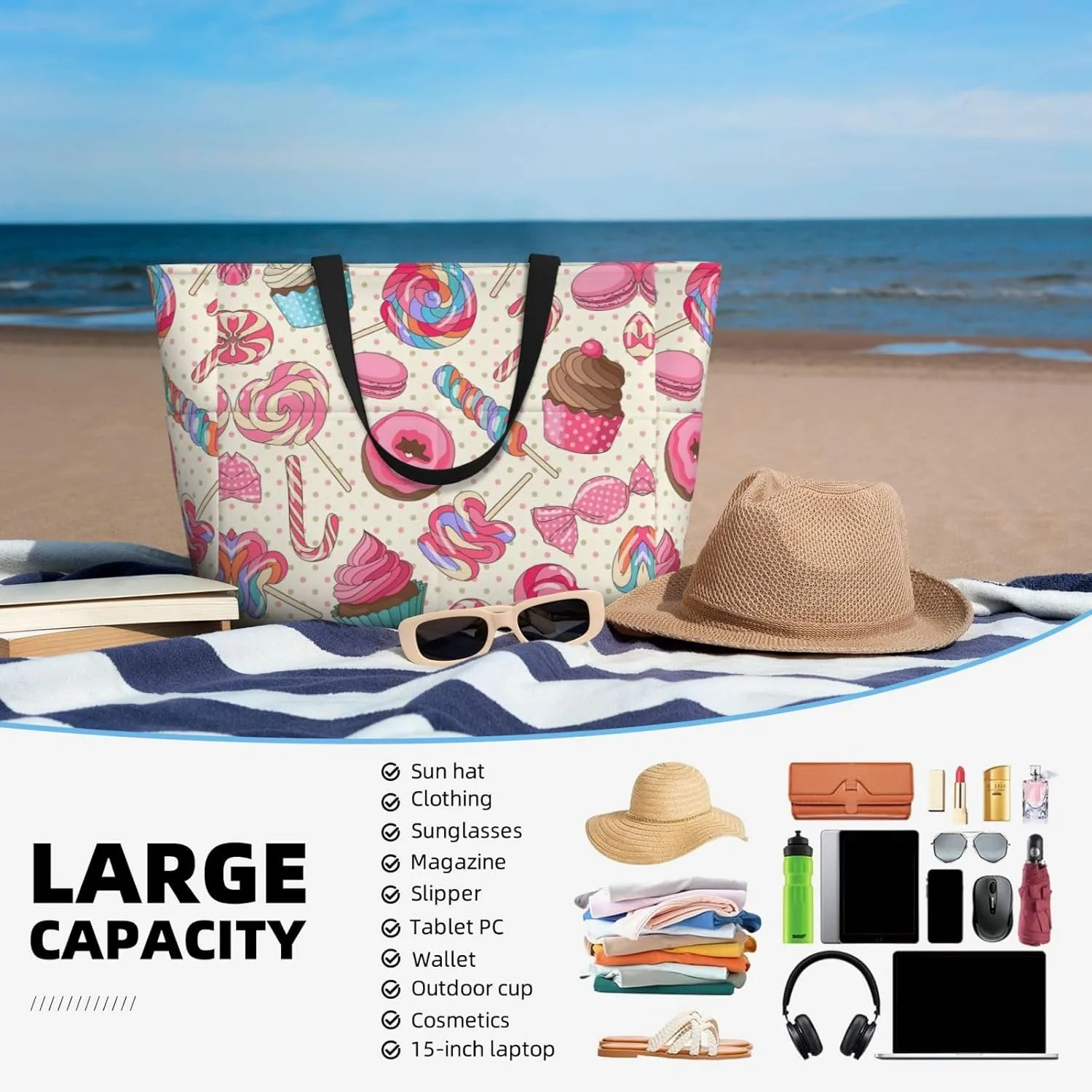 Large Capacity Succulent Print Beach Travel Tote Bag  Foldable, Perfect for Family Vacations, and Camping Trips