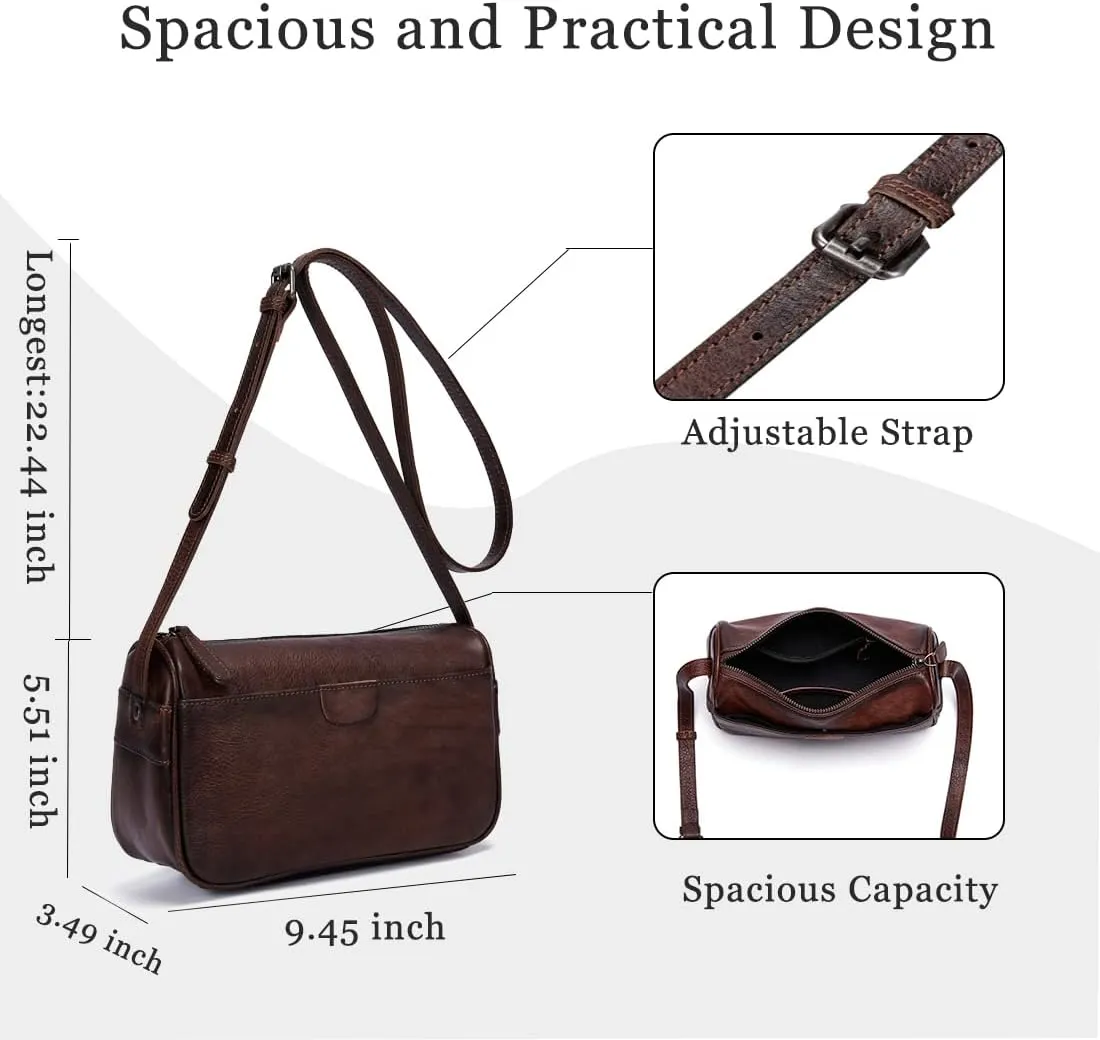 Leather Crossbody Bags for Women, Vintage Real Leather Crossbody Purse Retro Small Shoulder Handbag with Adjustable Strap