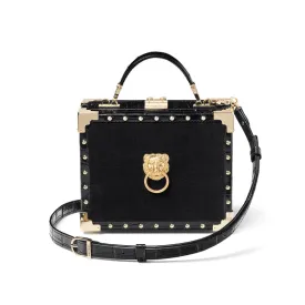 Lion Trunk Top Handle Bag in Black Velvet & Croc with Studs