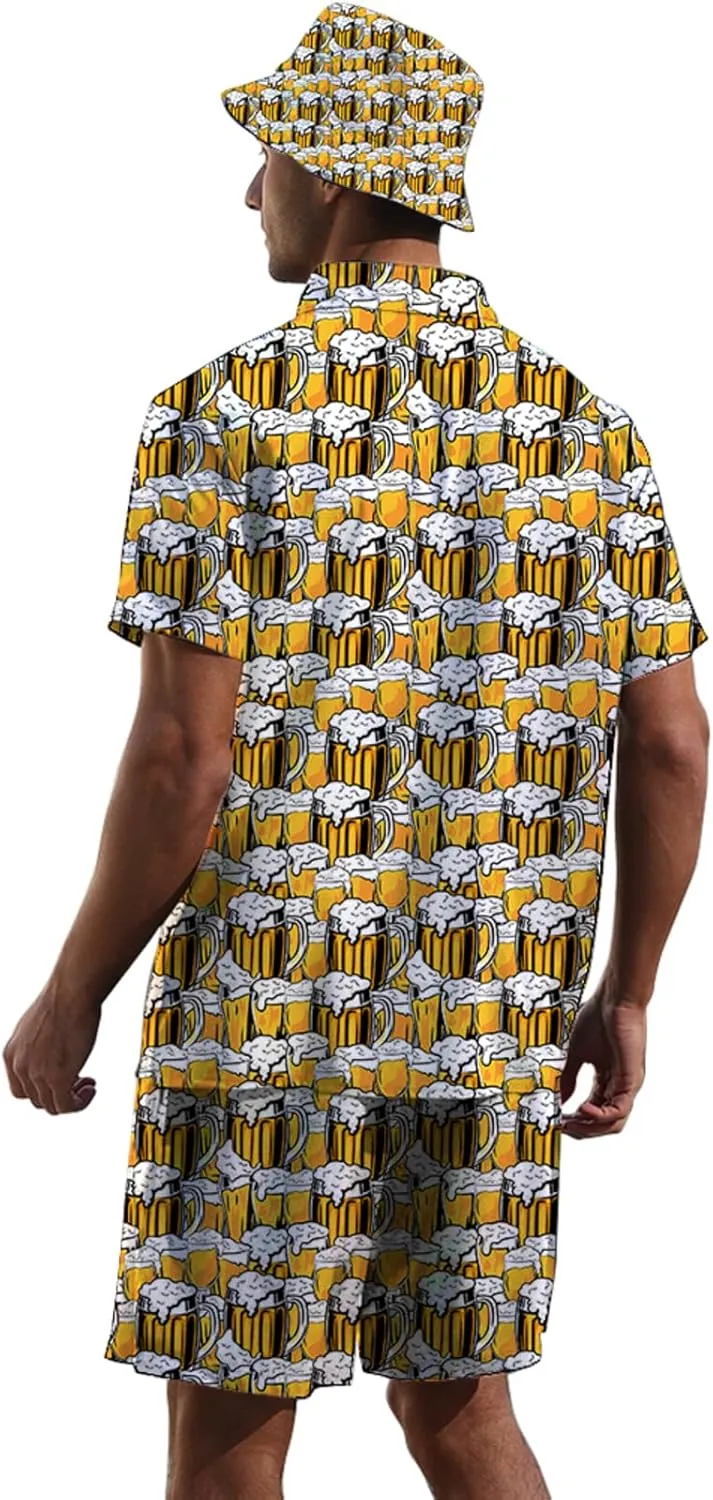 Mens 2 Piece Tracksuit Hawaiian Button Down Shirt and Compression Liner Shorts Sets with Bucket Hats
