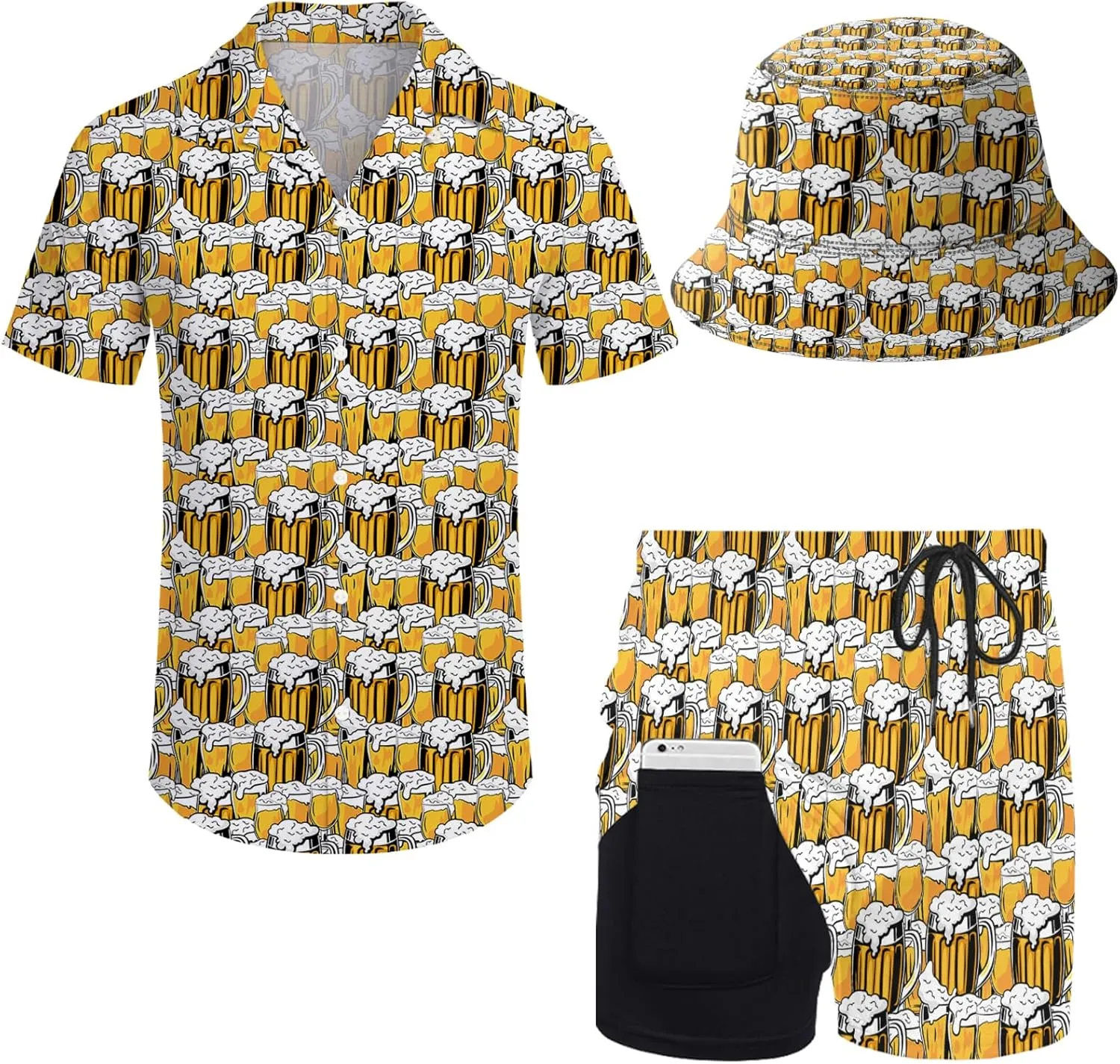 Mens 2 Piece Tracksuit Hawaiian Button Down Shirt and Compression Liner Shorts Sets with Bucket Hats