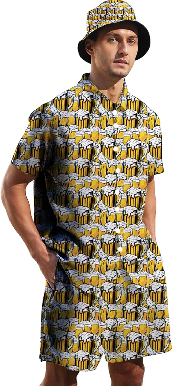 Mens 2 Piece Tracksuit Hawaiian Button Down Shirt and Compression Liner Shorts Sets with Bucket Hats