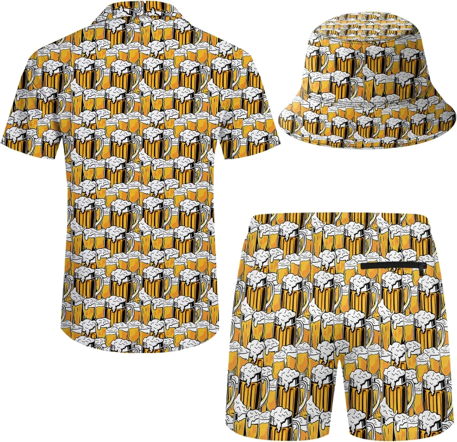 Mens 2 Piece Tracksuit Hawaiian Button Down Shirt and Compression Liner Shorts Sets with Bucket Hats