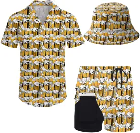 Mens 2 Piece Tracksuit Hawaiian Button Down Shirt and Compression Liner Shorts Sets with Bucket Hats
