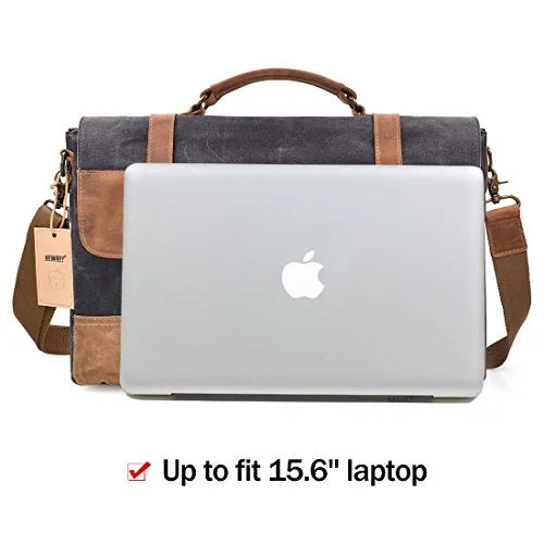 Mens Messenger Bag 15.6 Inch Waterproof Vintage Genuine Leather Waxed Canvas Briefcase Large Satchel Shoulder Bag Rugged Leather Computer Laptop Bag Grey