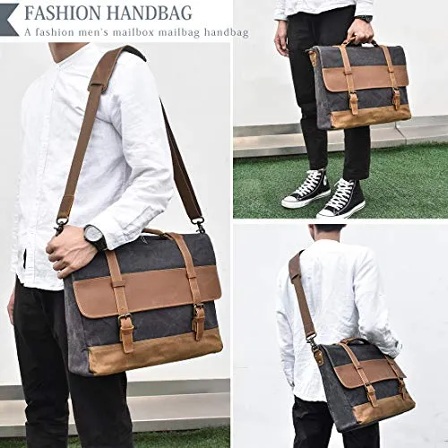 Mens Messenger Bag 15.6 Inch Waterproof Vintage Genuine Leather Waxed Canvas Briefcase Large Satchel Shoulder Bag Rugged Leather Computer Laptop Bag Grey