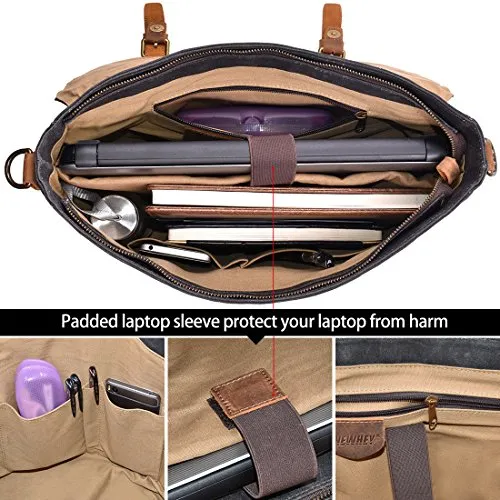 Mens Messenger Bag 15.6 Inch Waterproof Vintage Genuine Leather Waxed Canvas Briefcase Large Satchel Shoulder Bag Rugged Leather Computer Laptop Bag Grey