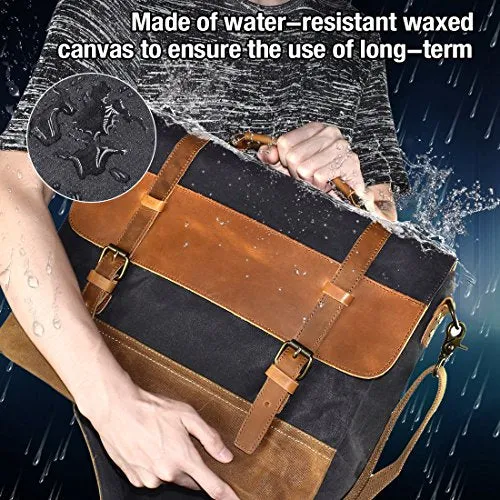 Mens Messenger Bag 15.6 Inch Waterproof Vintage Genuine Leather Waxed Canvas Briefcase Large Satchel Shoulder Bag Rugged Leather Computer Laptop Bag Grey